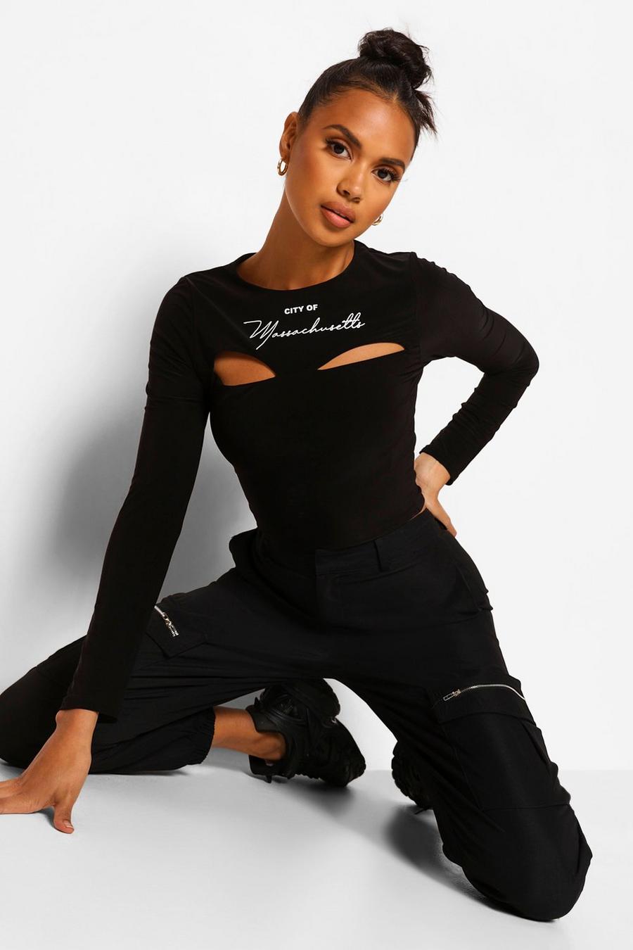 Black Double Slinky Cut Out Slogan Crop Top image number 1