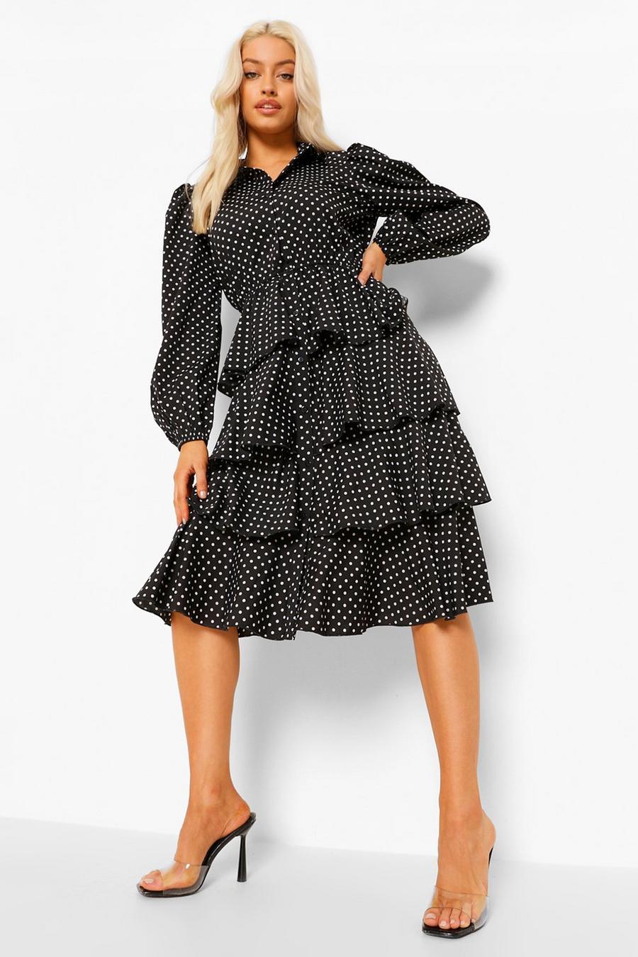 Black Polka Dot Tired Midi Shirt Dress image number 1