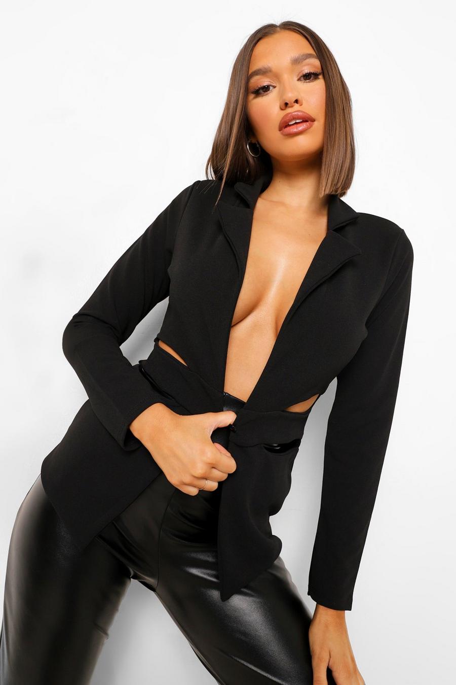 Eng anliegender Blazer mit Cut-Out an Taille, Schwarz image number 1
