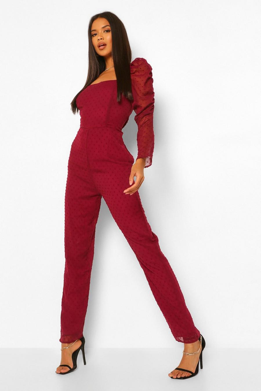 Berry Dobby Mesh Sweetheart Neckline Jumpsuit image number 1