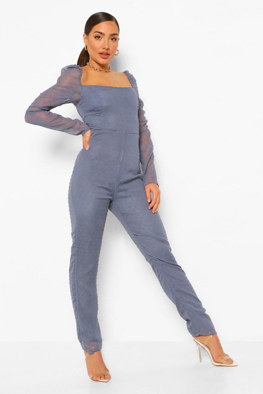 Dusty blue Dobby Mesh Sweetheart Neckline Jumpsuit image number 1