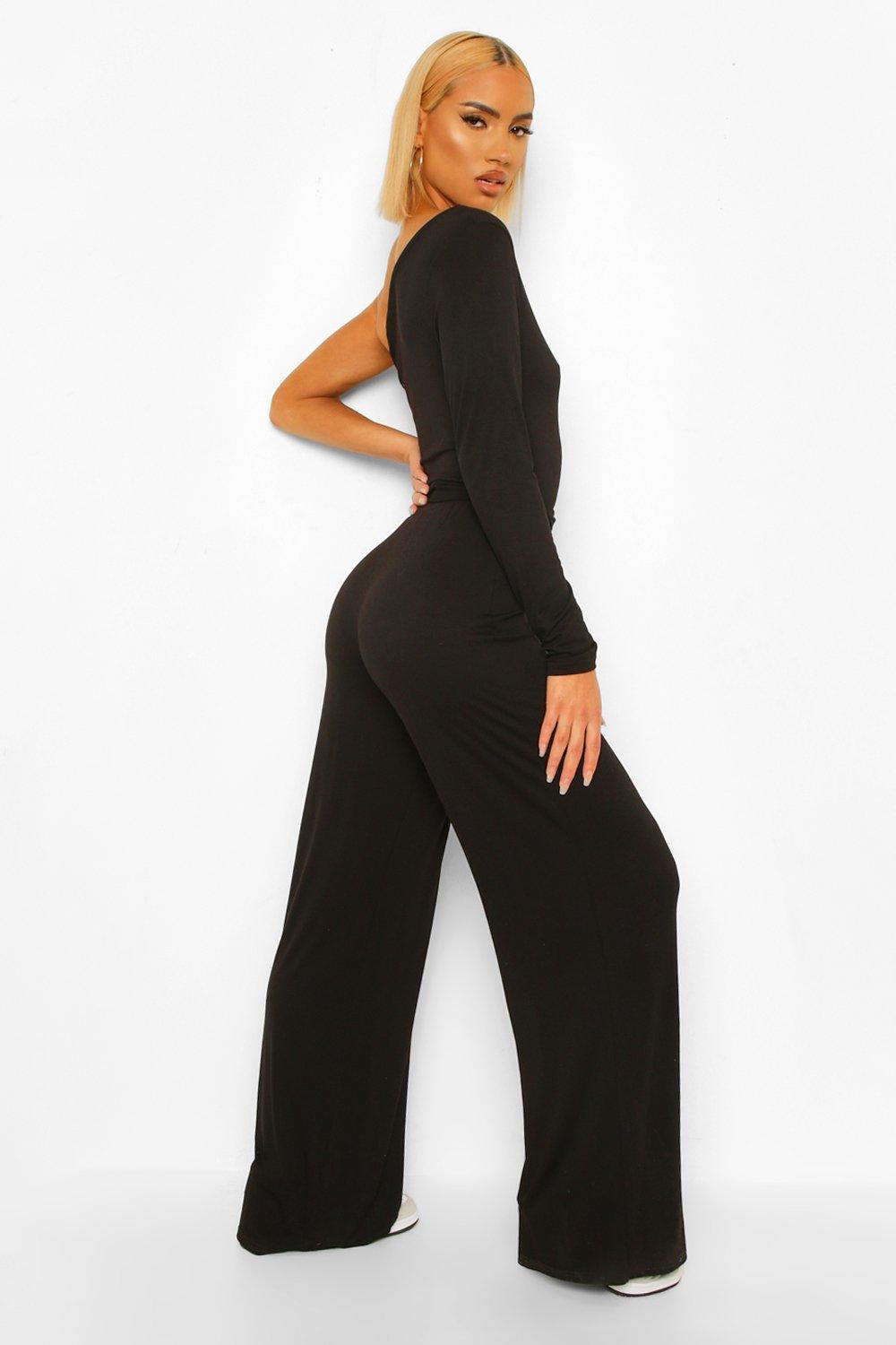 Off one shoulder pierced belted wide store leg jumpsuit