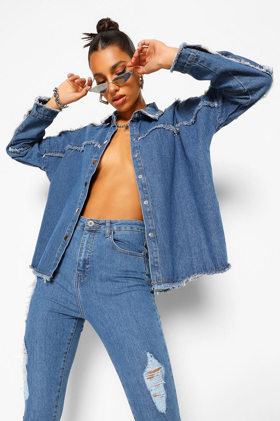 Chemise en jean oversize à coutures effilées, Dark blue image number 1