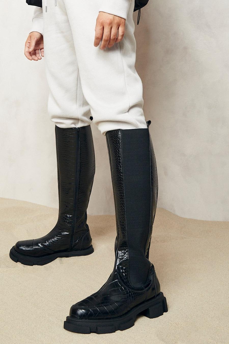 Black Wide Fit Chunky Knee High Croc Chelsea Boots image number 1