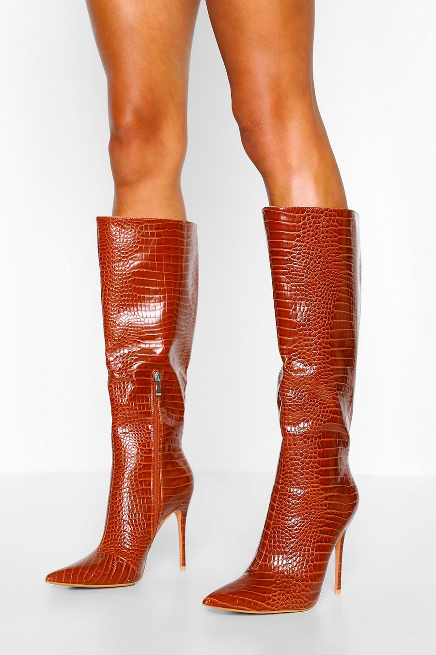 Brown Croc Pointed Toe Stiletto Heel Knee High Boots image number 1