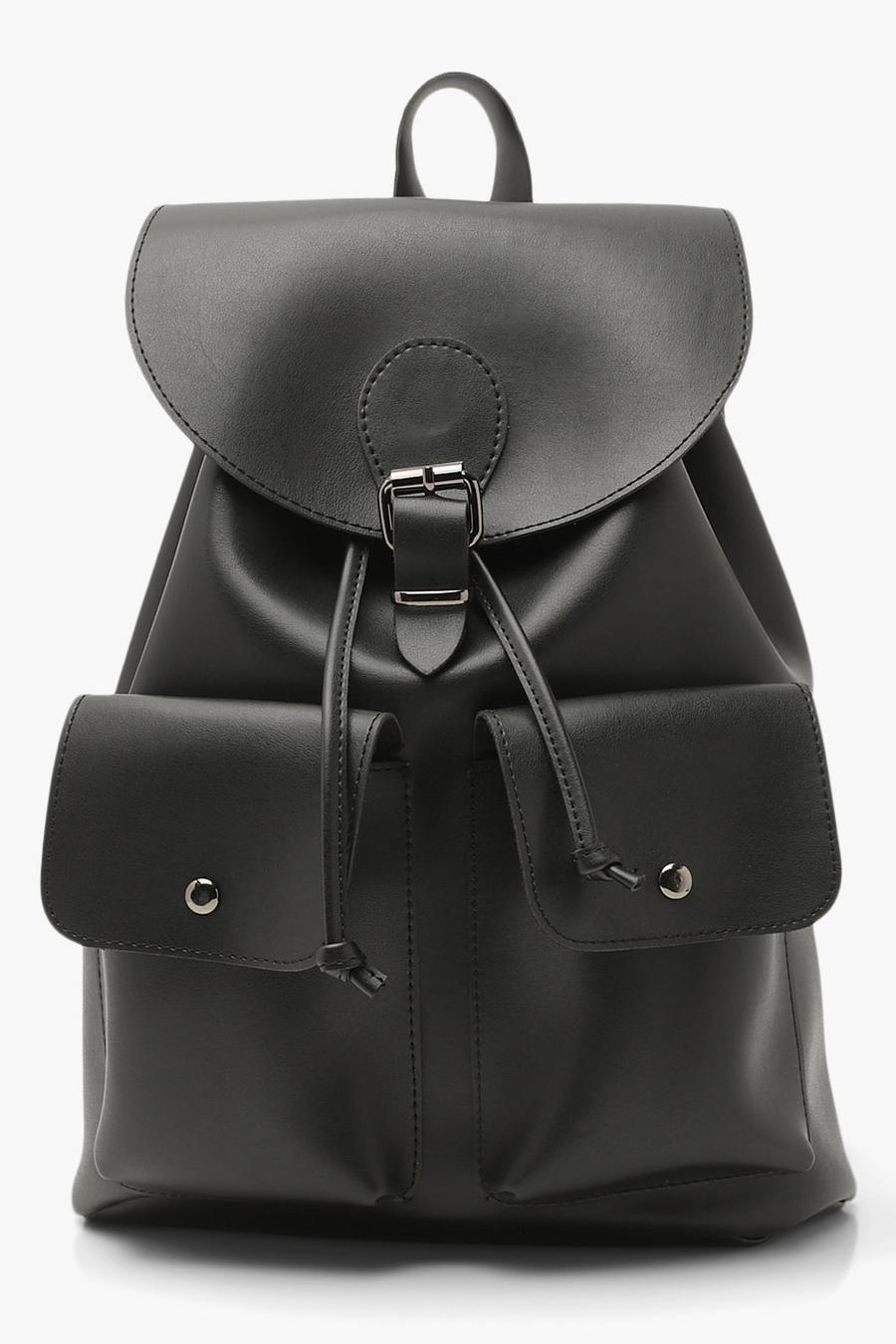 Kunstleder Rucksack mit doppelten Taschen und Schnalle, Schwarz noir