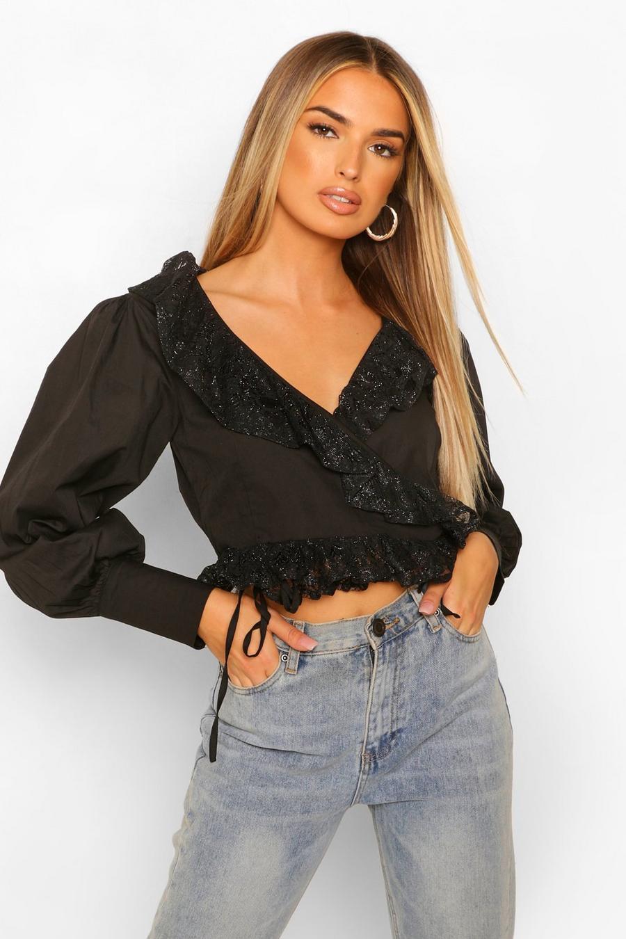 Black Wrap Lace Ruffle Top image number 1