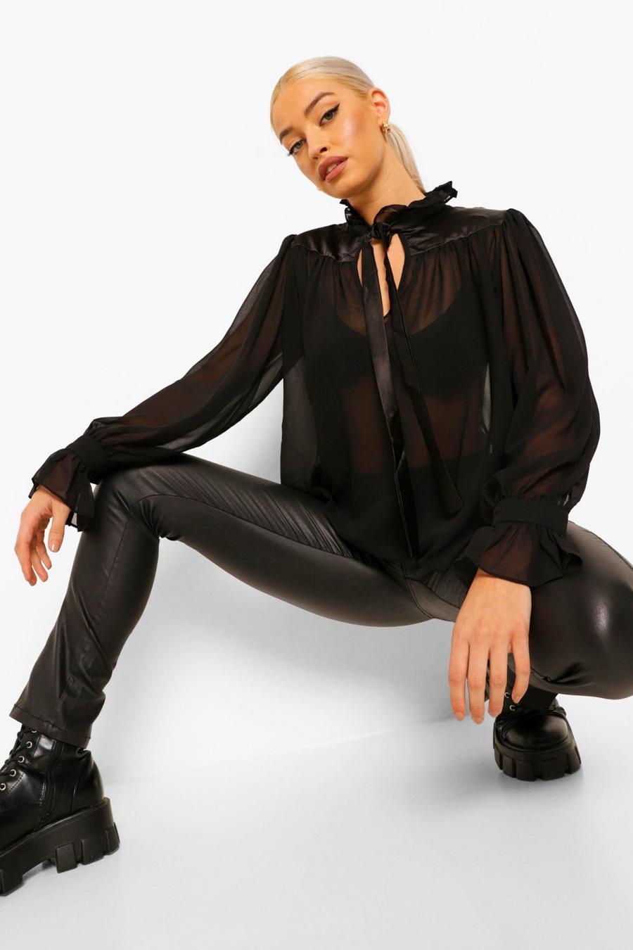 שחור חולצה אלגנטית עם כריות כתפיים ושרוולי בלון image number 1