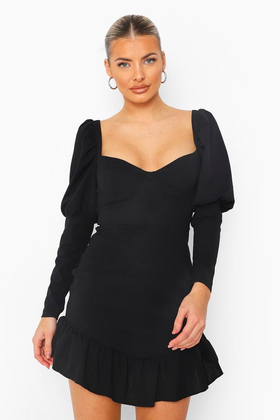 Black Puff Sleeve Ruffle V Hem Mini Dress image number 1