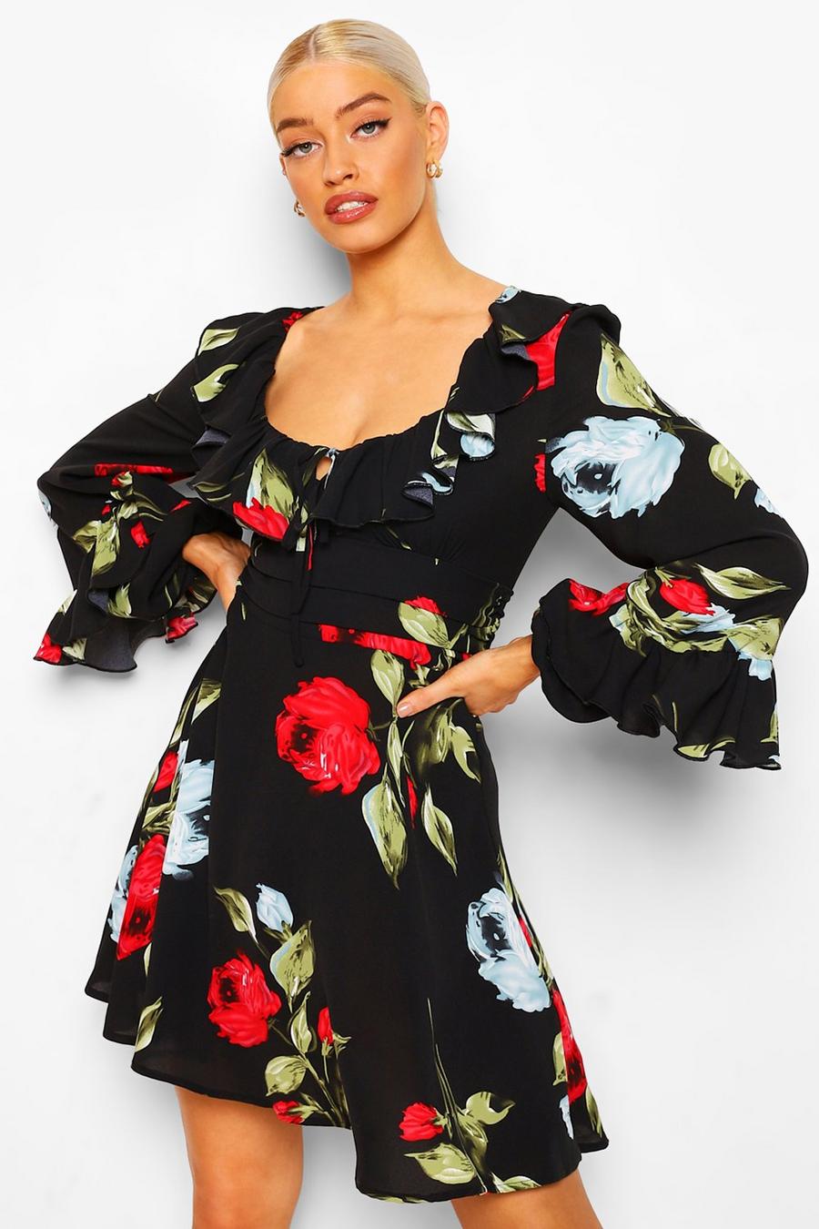 Mini-Kleid mit Rüschensaum und Blumenmuster vorne zum Binden, Schwarz image number 1