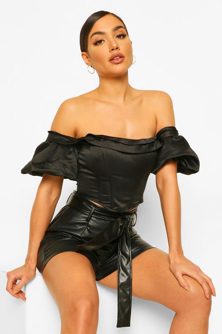 Top a corsetto con maniche voluminose e scollo Bardot, Nero image number 1