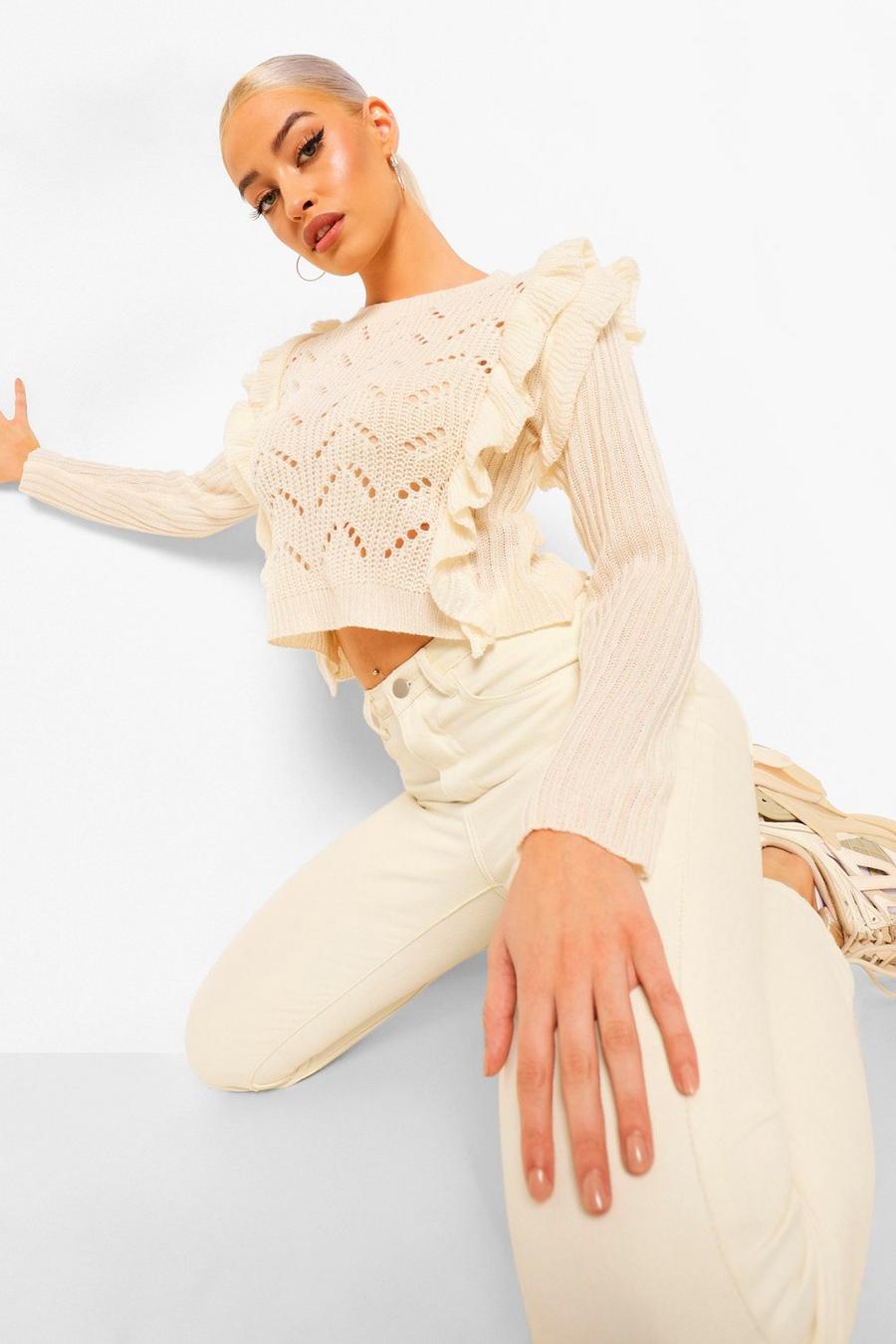 Cream Pointellestickad kort tröja med volanger image number 1