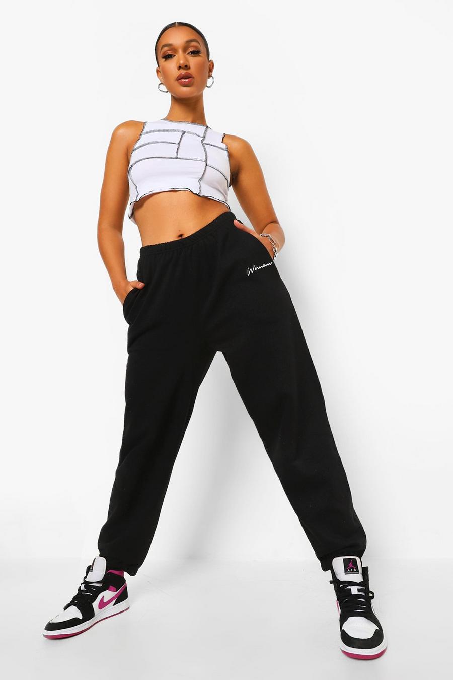 Black Oversized Embroidered Woman Script Joggers image number 1