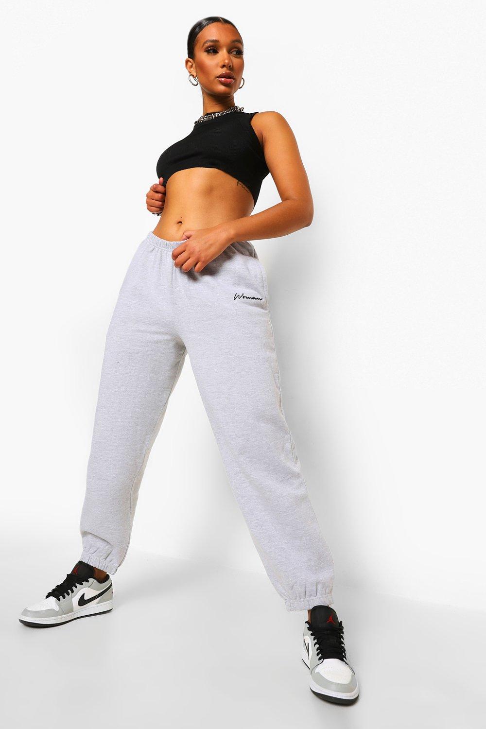 Women's Grey Oversized Embroidered Woman Joggers