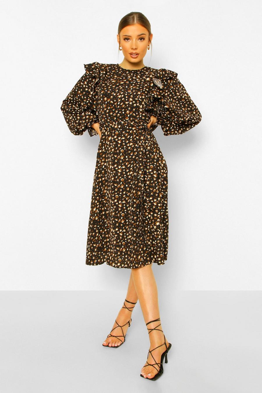 Leopardmönstrad midiklänning med volangärm image number 1