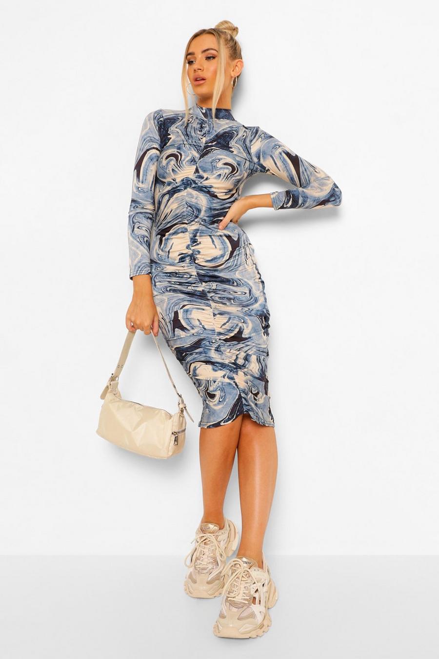 Blue Marble Print Slinky Ruched Midi Dress image number 1