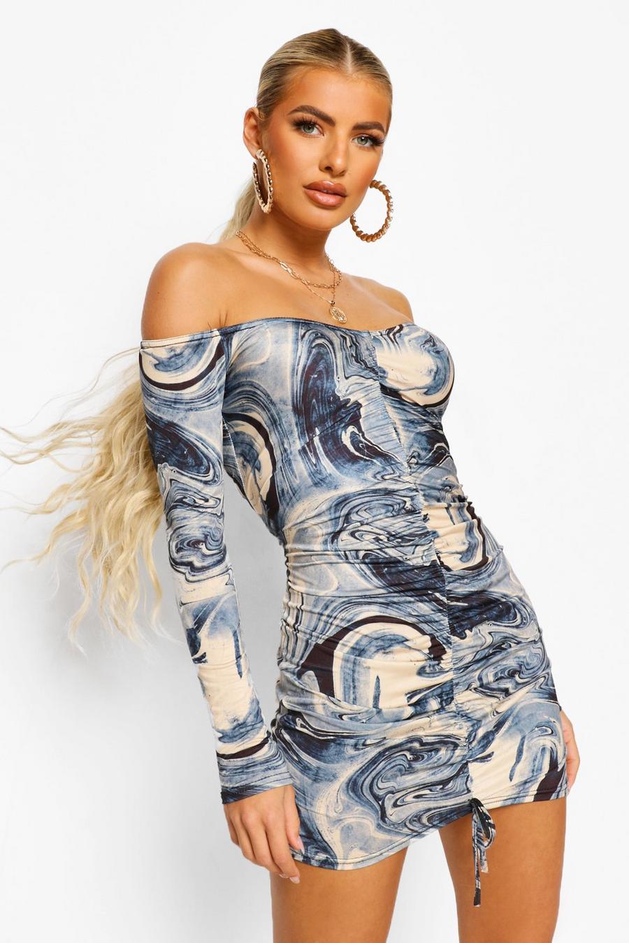 Blue Marble Print Slinky Rouched Mini Dress image number 1