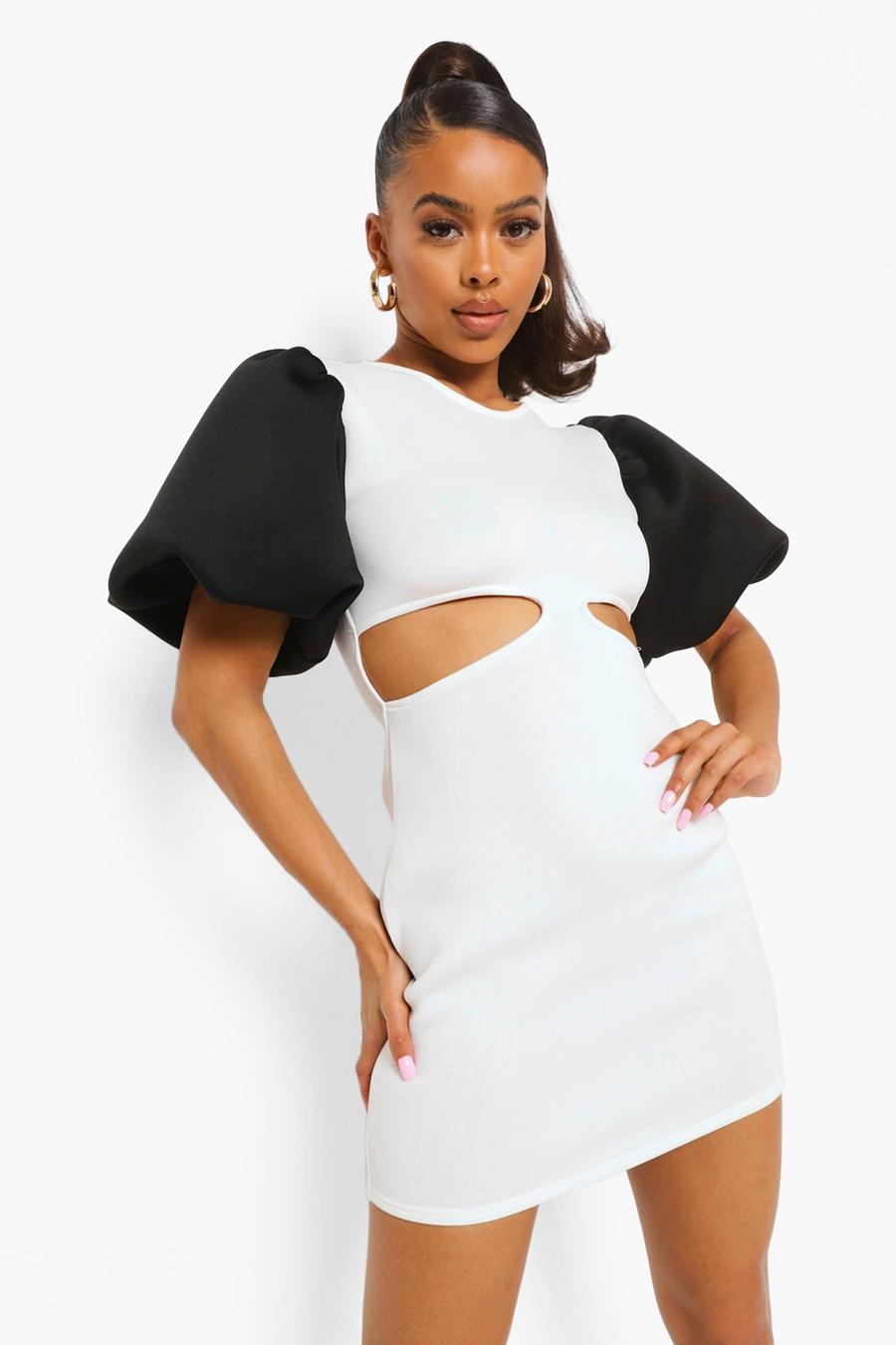 White Bonded Scuba Cut Out Puff Sleeve Mini Dress image number 1