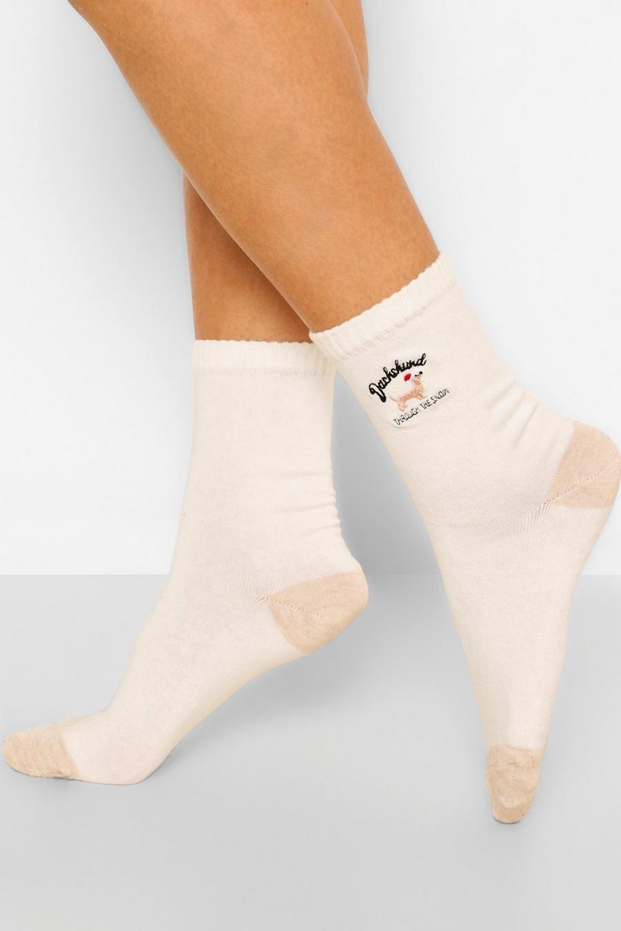 Cream white Dachshund Through The Snow Embroidery Socks image number 1
