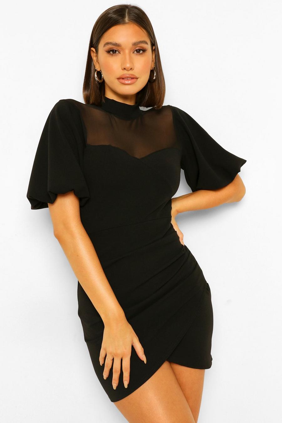 שחור שמלת מיני עם מעטפת גבוהה בחזית image number 1