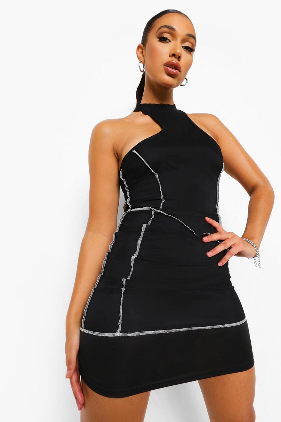 שחור שמלת מיני מבד רשת עם תפרים בצבעים מנוגדים וצווארון רייסר image number 1