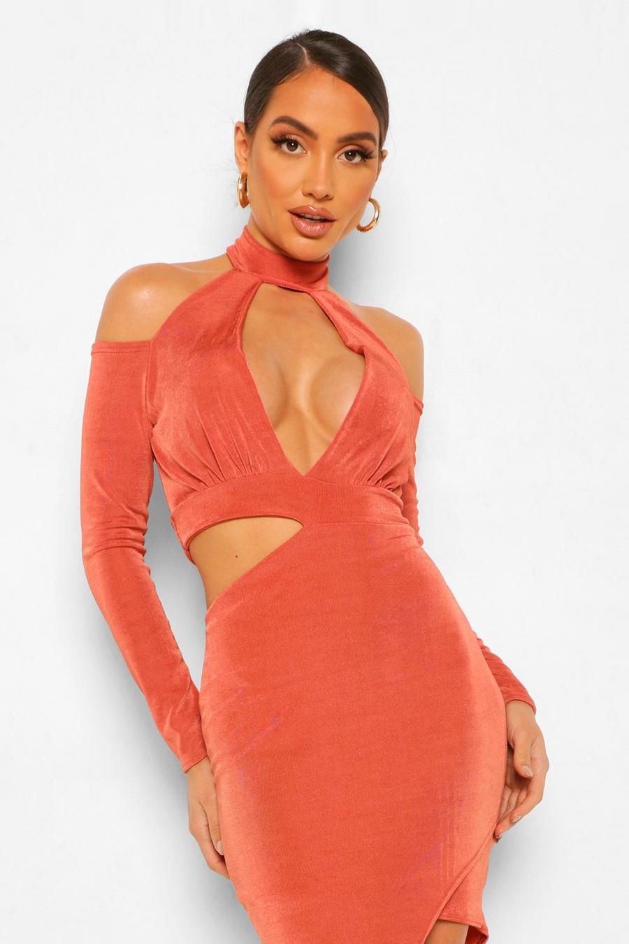 Bronze Textured Slinky Rouche Cut Out Midi Dress image number 1