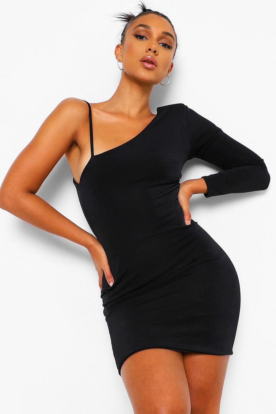 שחור שמלת מיני צמודה מבד עם טקסטורה עם כריות כתפיים ושרוכים image number 1