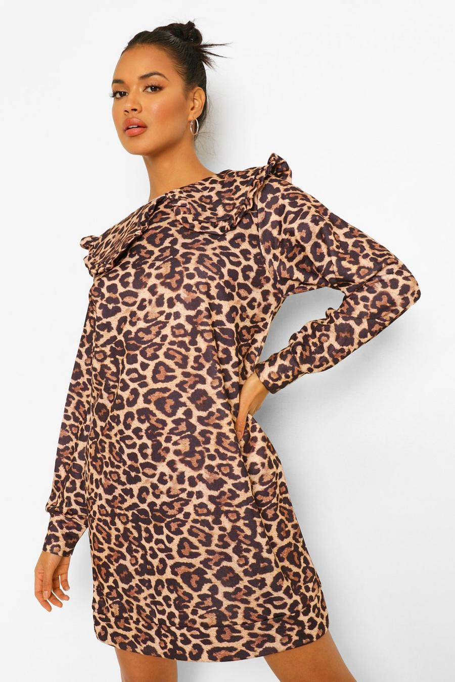 Tan Leopard Collar Detail Sweatshirt Dress image number 1