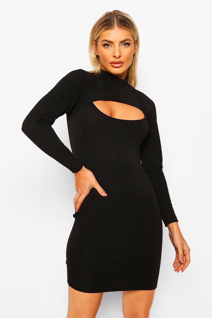 Black Textured High Neck Cut Out Mini Dress image number 1