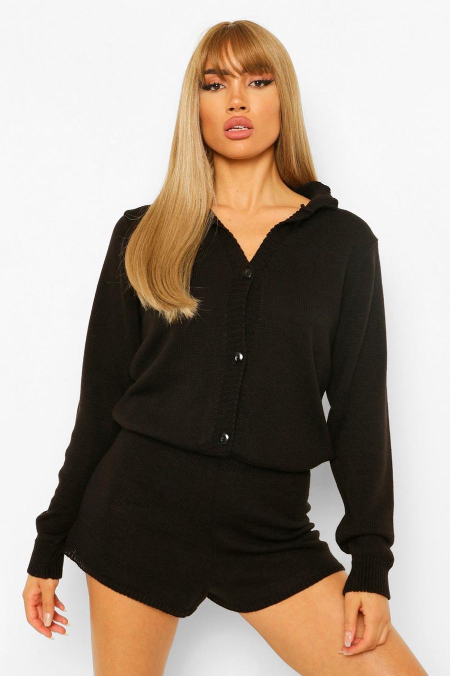 Black Knitted Slouchy Long Sleeve Playsuit image number 1