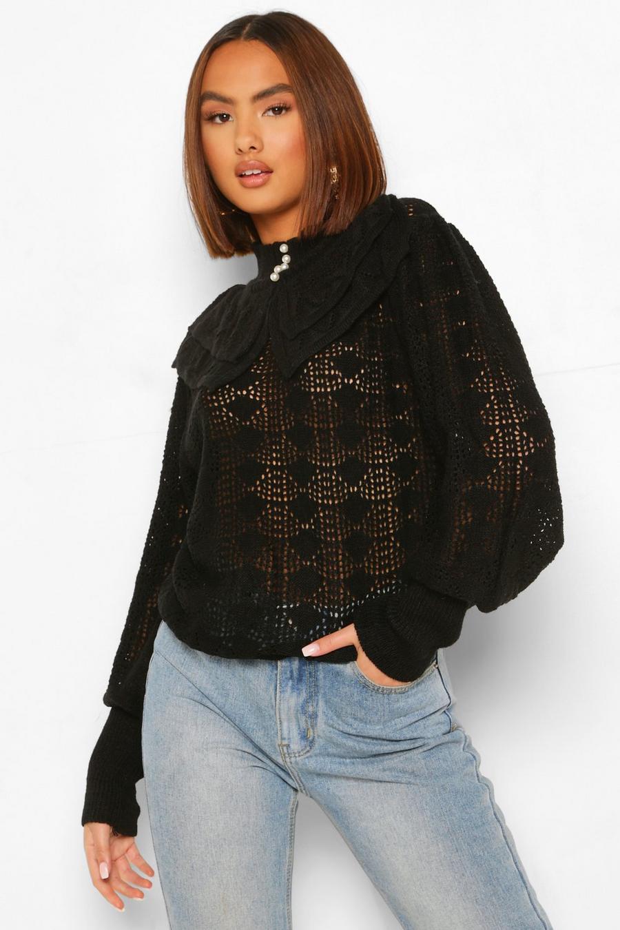 Black Pointelle Pearl Collar Puff Sleeve Sweater image number 1