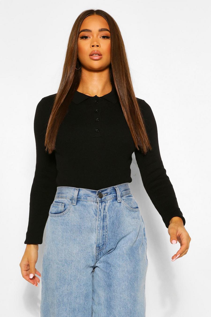 Black Polo Neck Knitted Long Sleeve Bodysuit image number 1