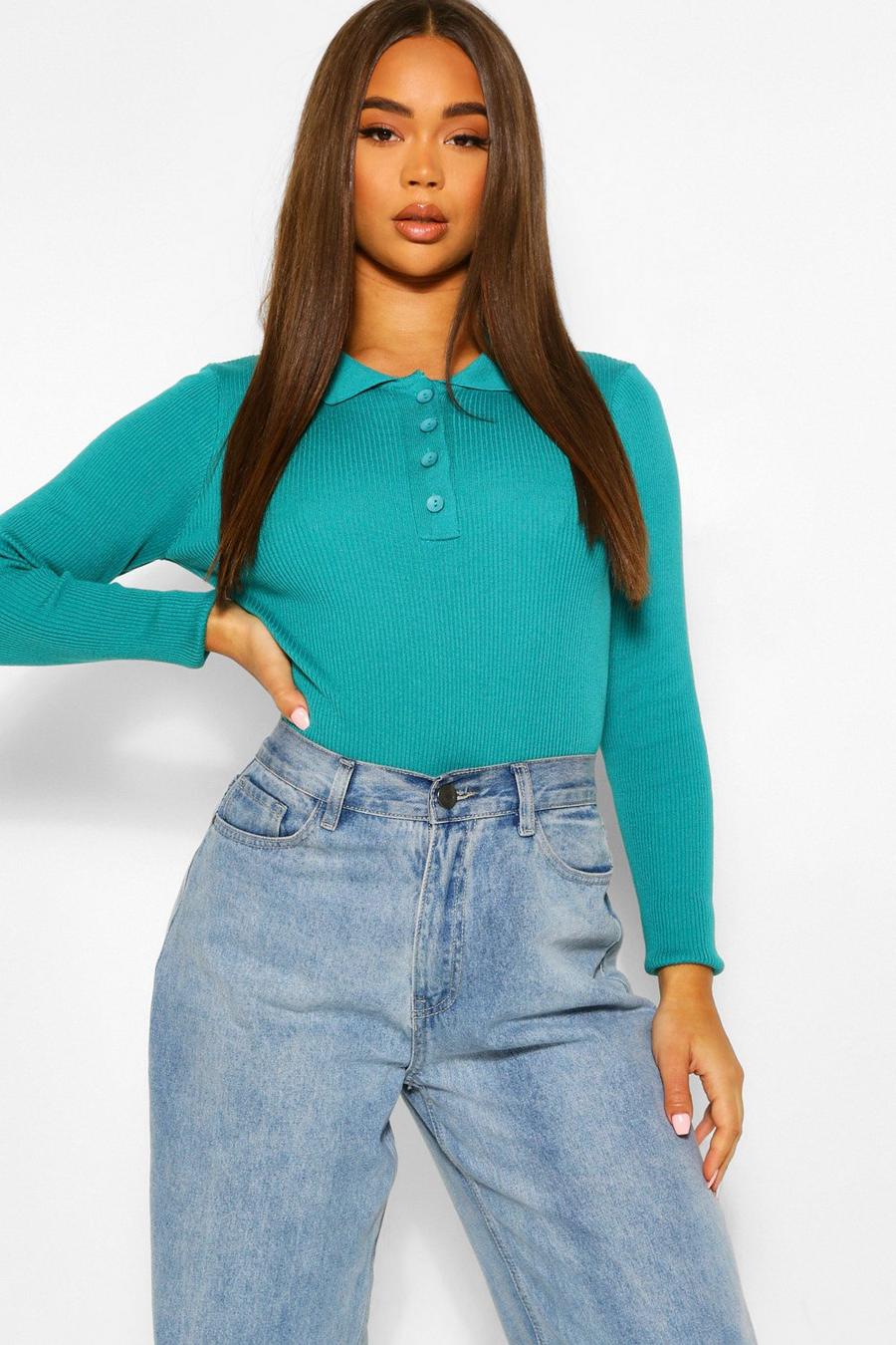 Teal Polo Neck Knitted Long Sleeve Bodysuit image number 1