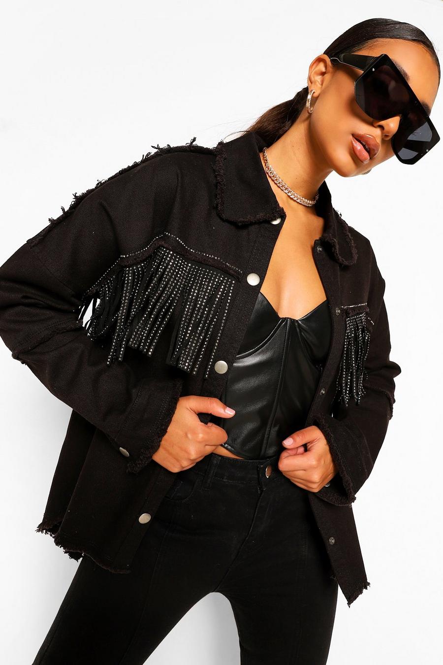 Black Fringe Oversized Denim Jacket image number 1