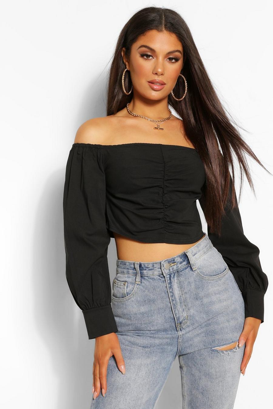 Woven Stretch Ruched Off The Shoulder Crop Top image number 1