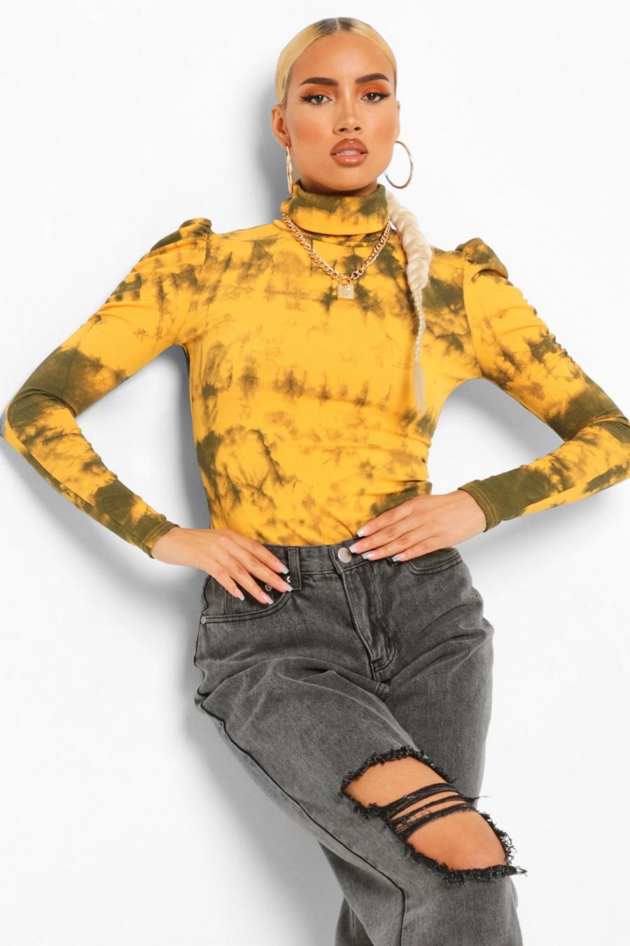 Mustard Tie Dye Roll Neck Puff Sleeve Top image number 1