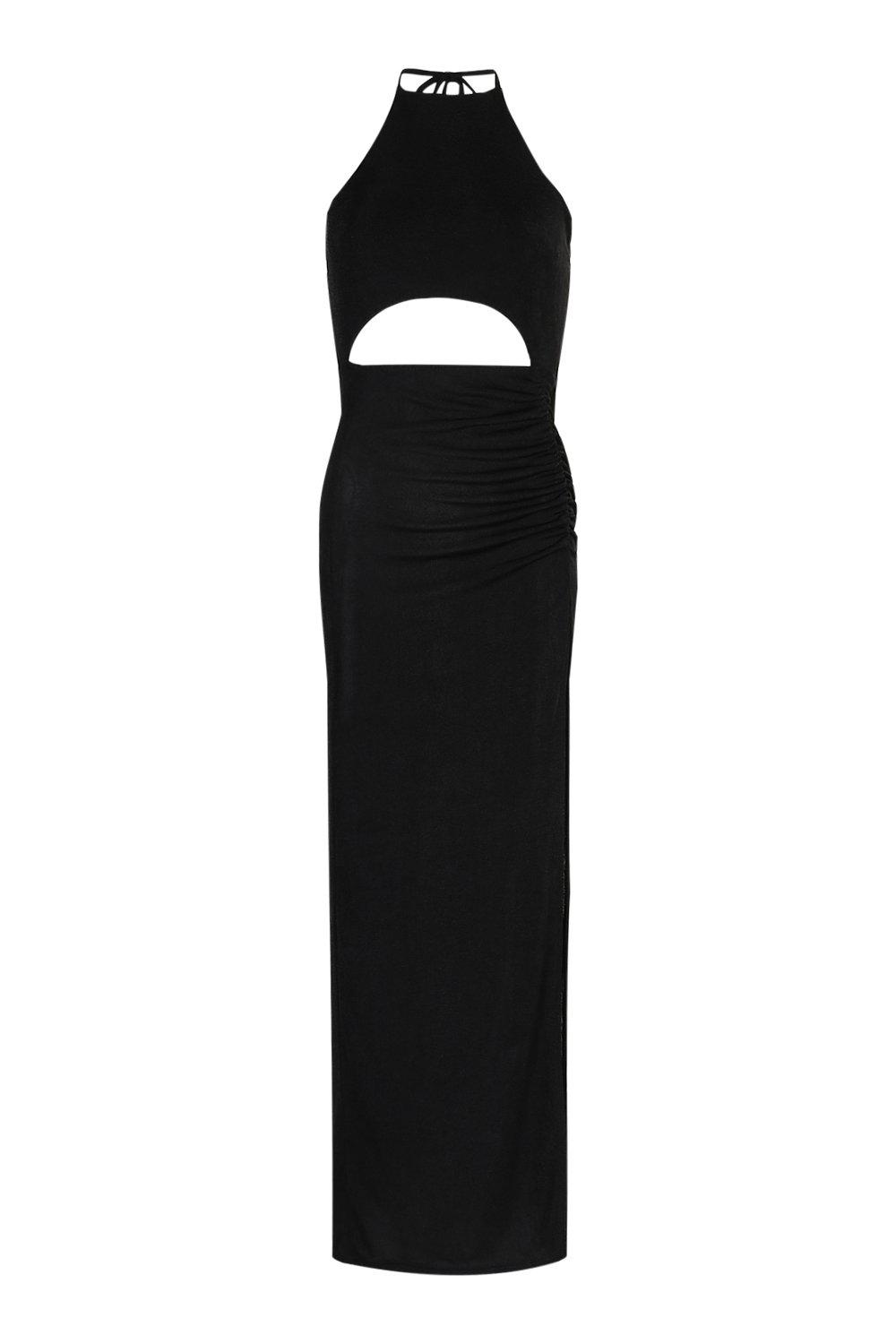 Black Textured Slinky Backless Strappy Maxi Dress