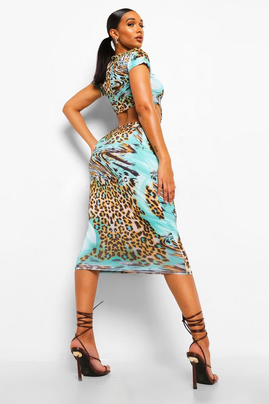 Green Animal Print Shoulder Pad Knot Cut Out Midi Dress image number 1