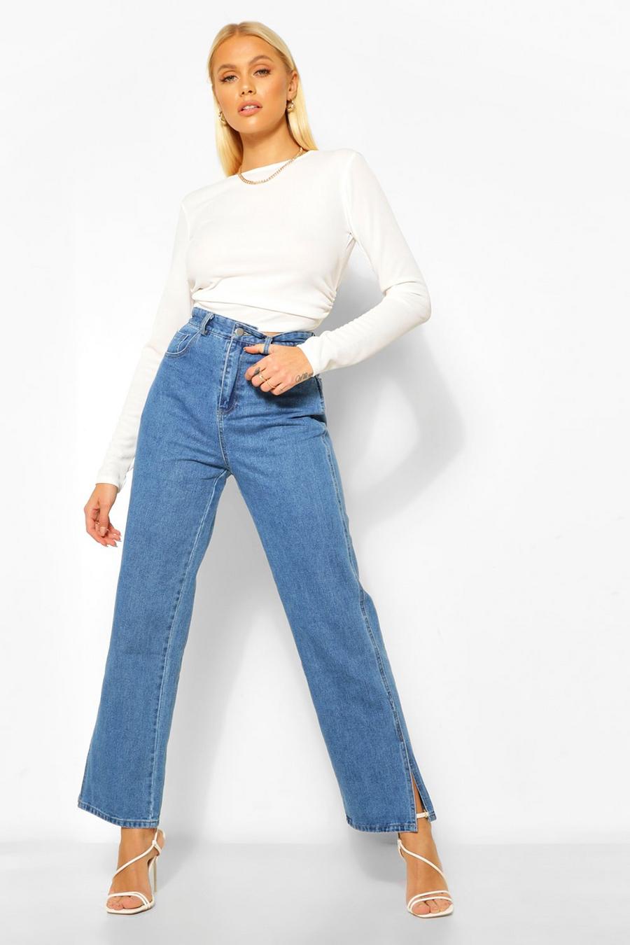 High-Waist Jeans mit geschlitztem Saum, Dunkelblau image number 1