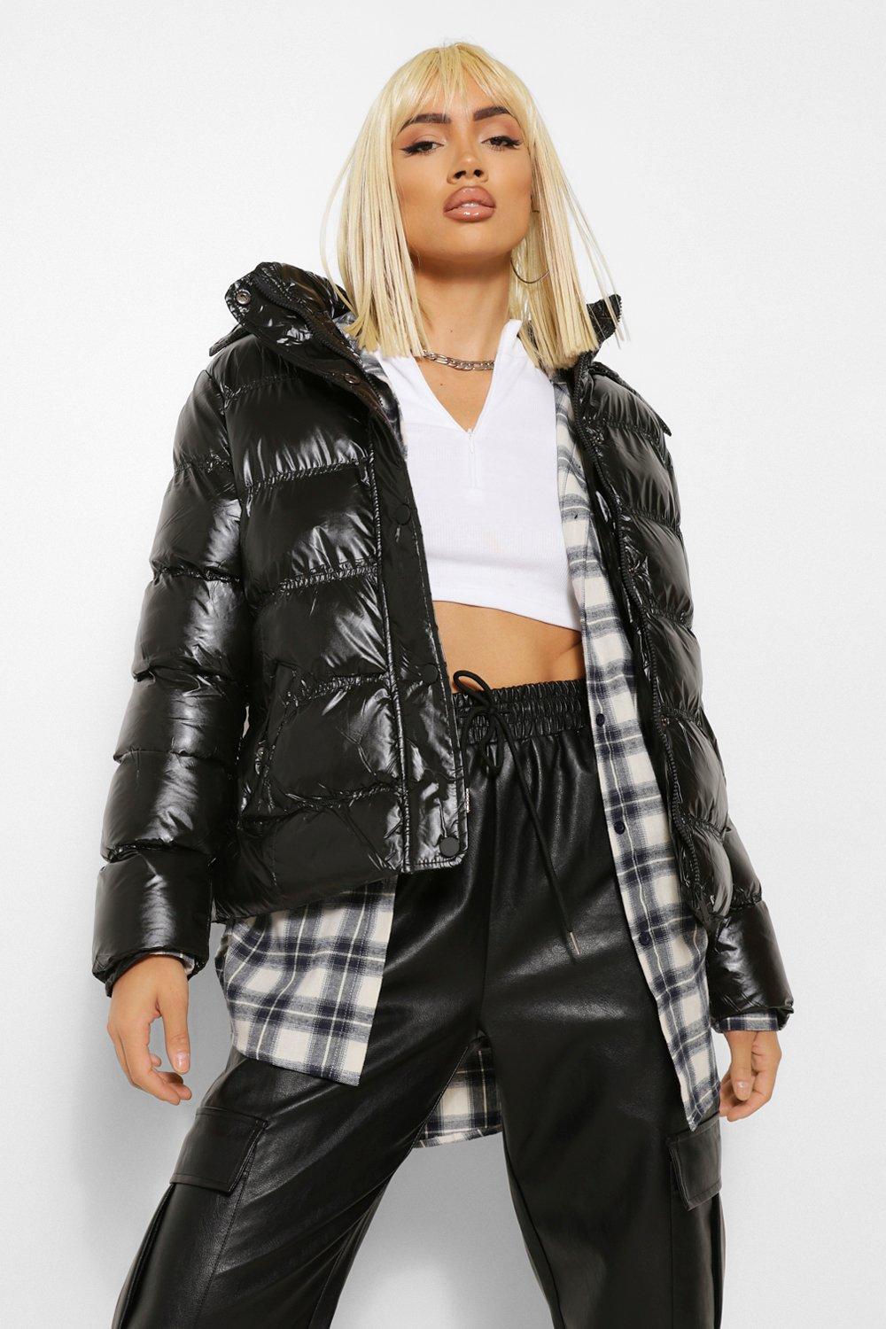 Black faux fur high shine 2024 puffer jacket