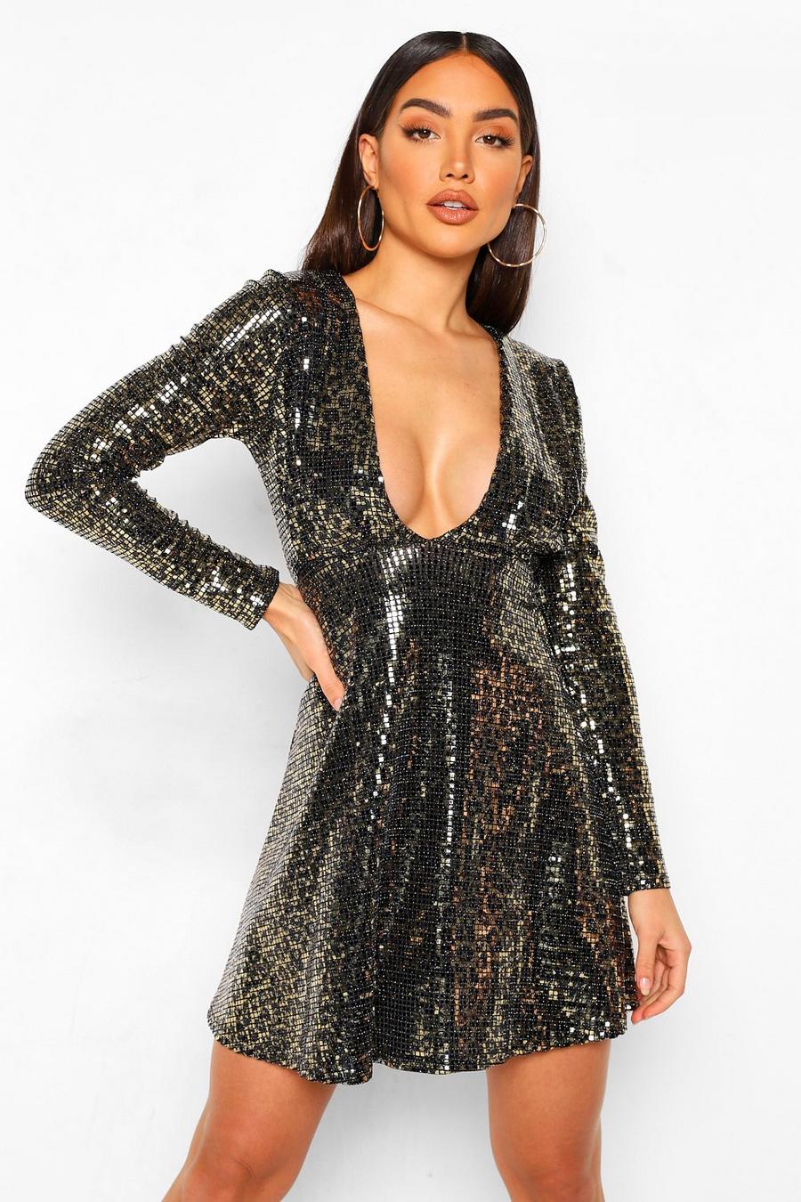 Paillettenbesetztes Mini-Kleid mit tiefem Ausschnitt und Leopardenmuster, Schwarz image number 1