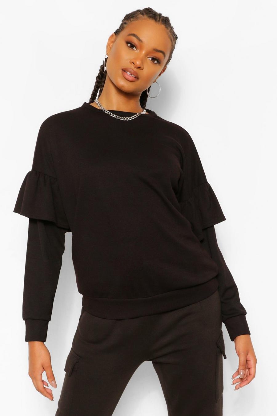 Black Ruffle Detail Sweatshirt Top image number 1