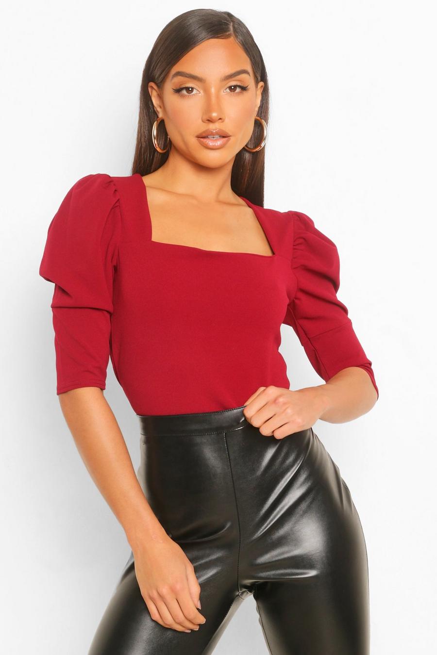 Berry Crepe Square Neck Puff Sleeve Crop Top image number 1