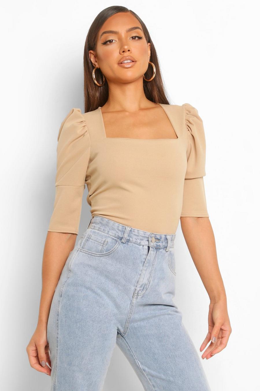 Stone Crepe Square Neck Puff Sleeve Crop Top image number 1