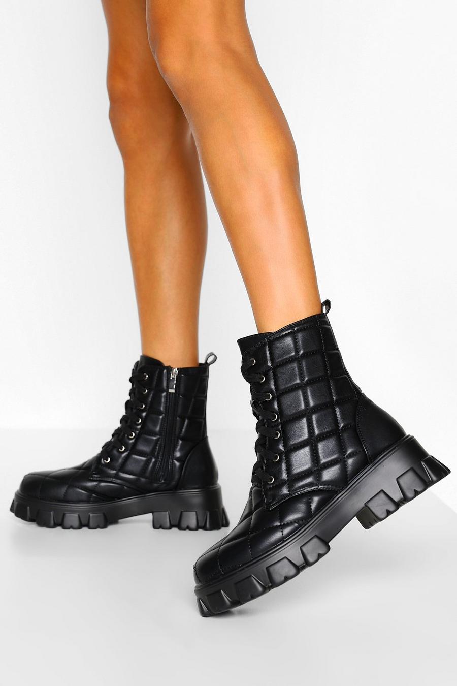 Black Quilted Chunky Cleated Platform Hiker Boots image number 1