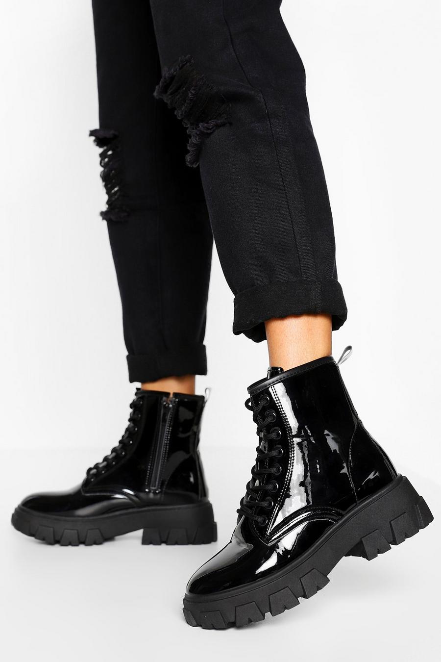 Black Chunky Cleated Platform Combat Boots image number 1
