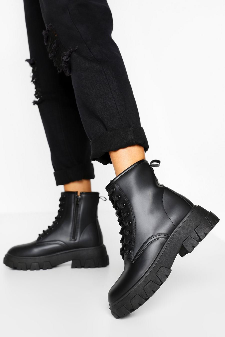 Black Chunky Cleated Platform Combat Boots image number 1