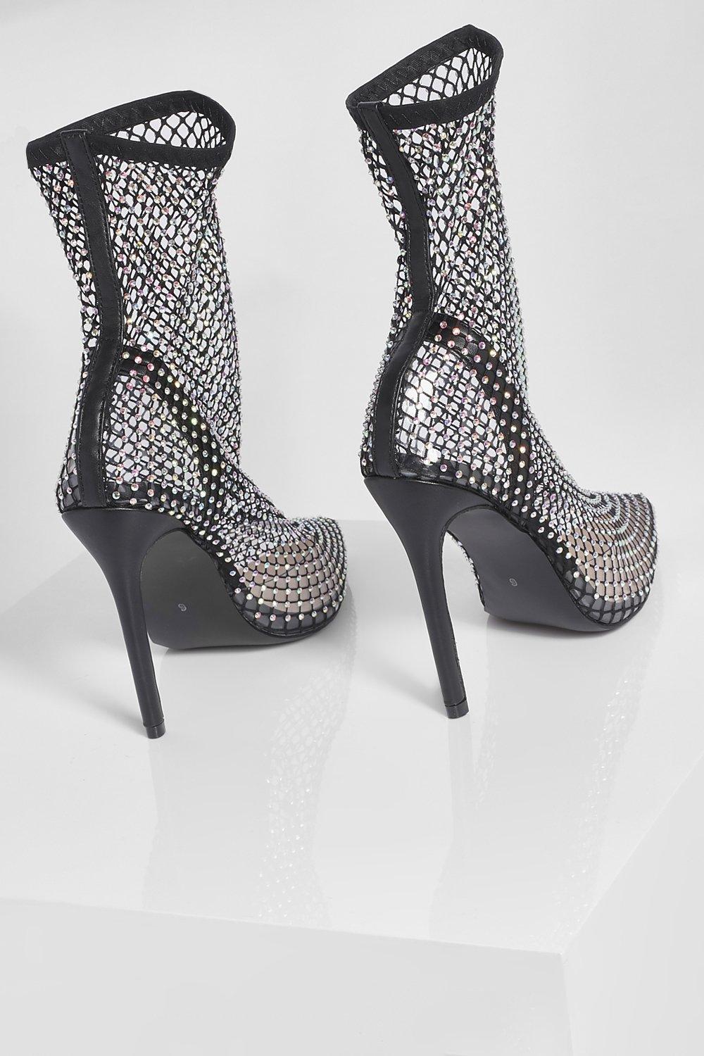 Rhinestone Mesh Pointed Toe Sock Boots boohoo CA