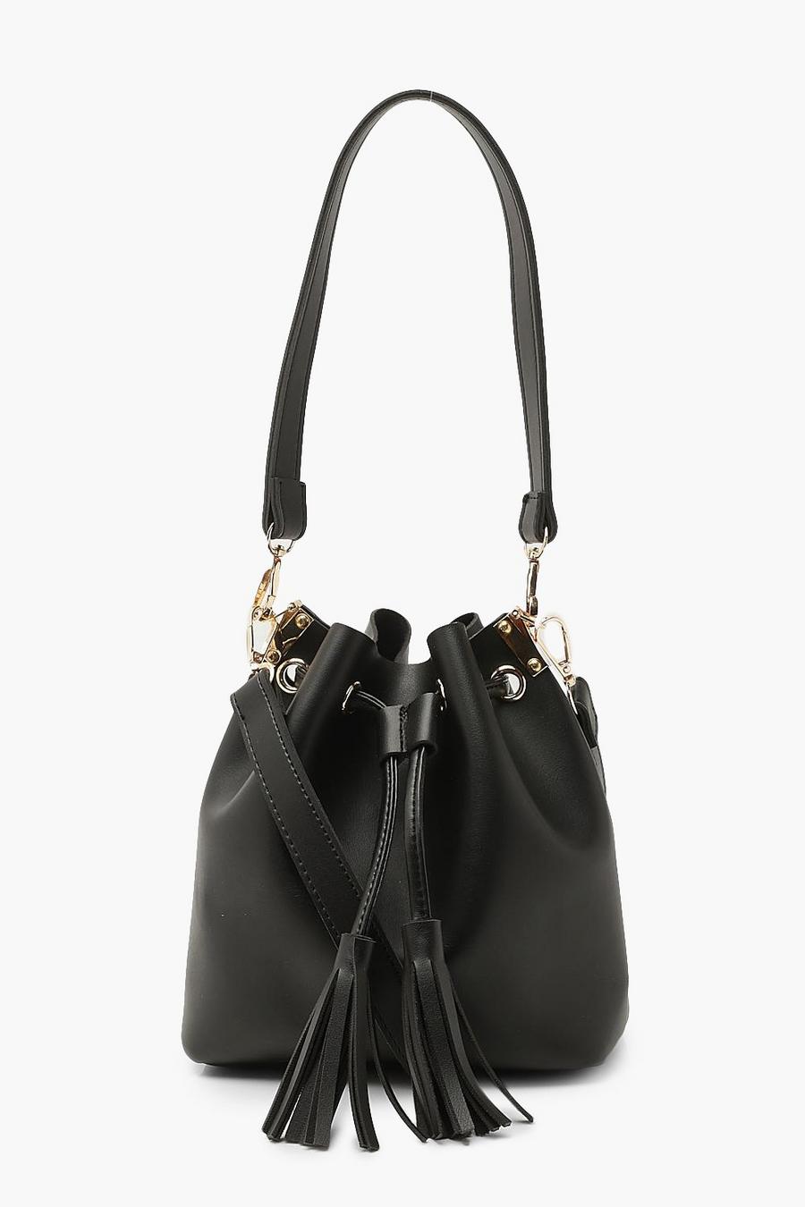 Black svart Tassel Detail Bucket Cross Body Bag