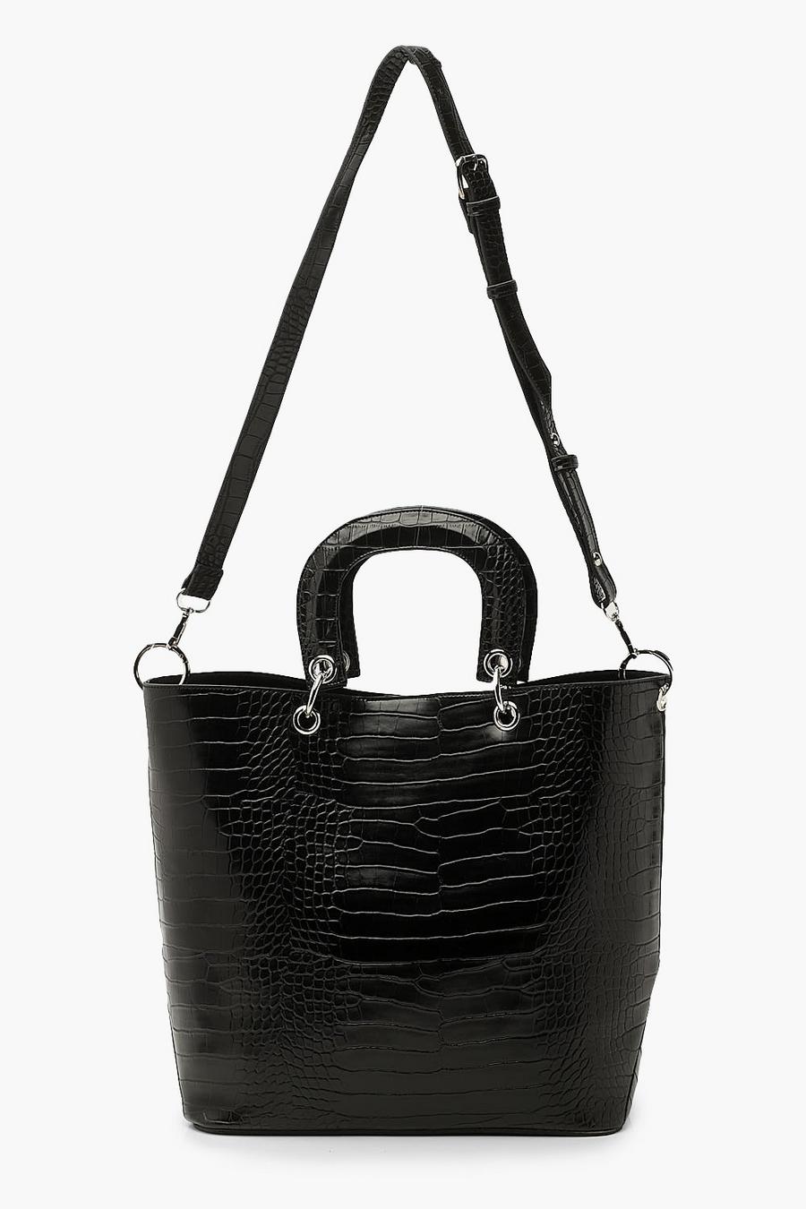 Black svart Croc Structured Handle Tote Bag image number 1